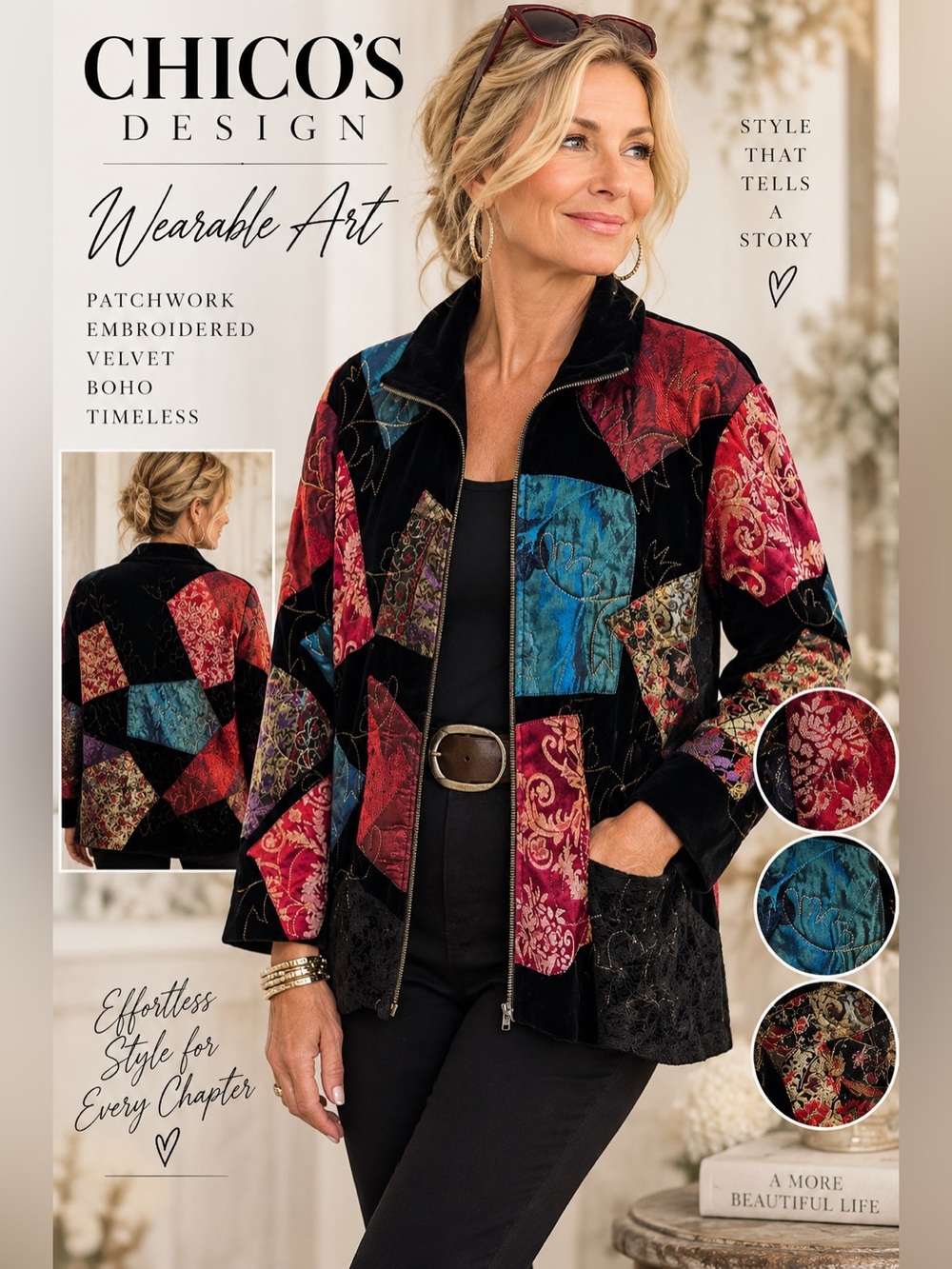 Chico’s Design Size 2 Patchwork Velvet Embroidered Art Jacket Boho